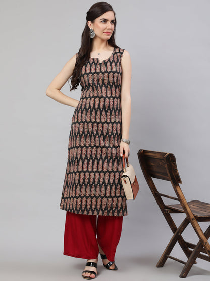 Black Printed Straight Sleeveless Kurta