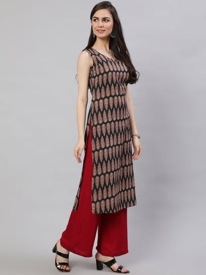 Black Printed Straight Sleeveless Kurta