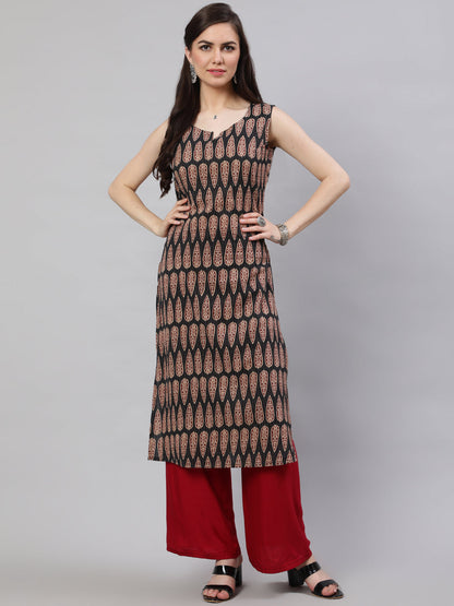 Black Printed Straight Sleeveless Kurta