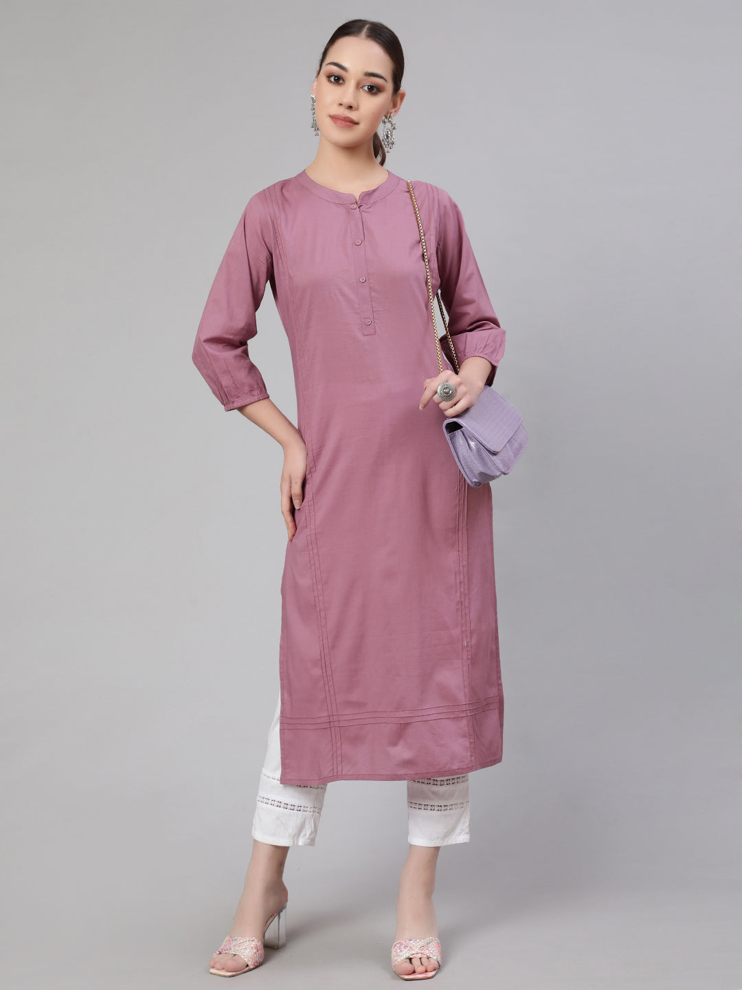 Mauve Straight Kurta With Three Quarter Sleeves