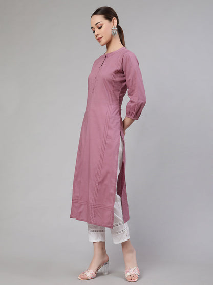 Mauve Straight Kurta With Three Quarter Sleeves