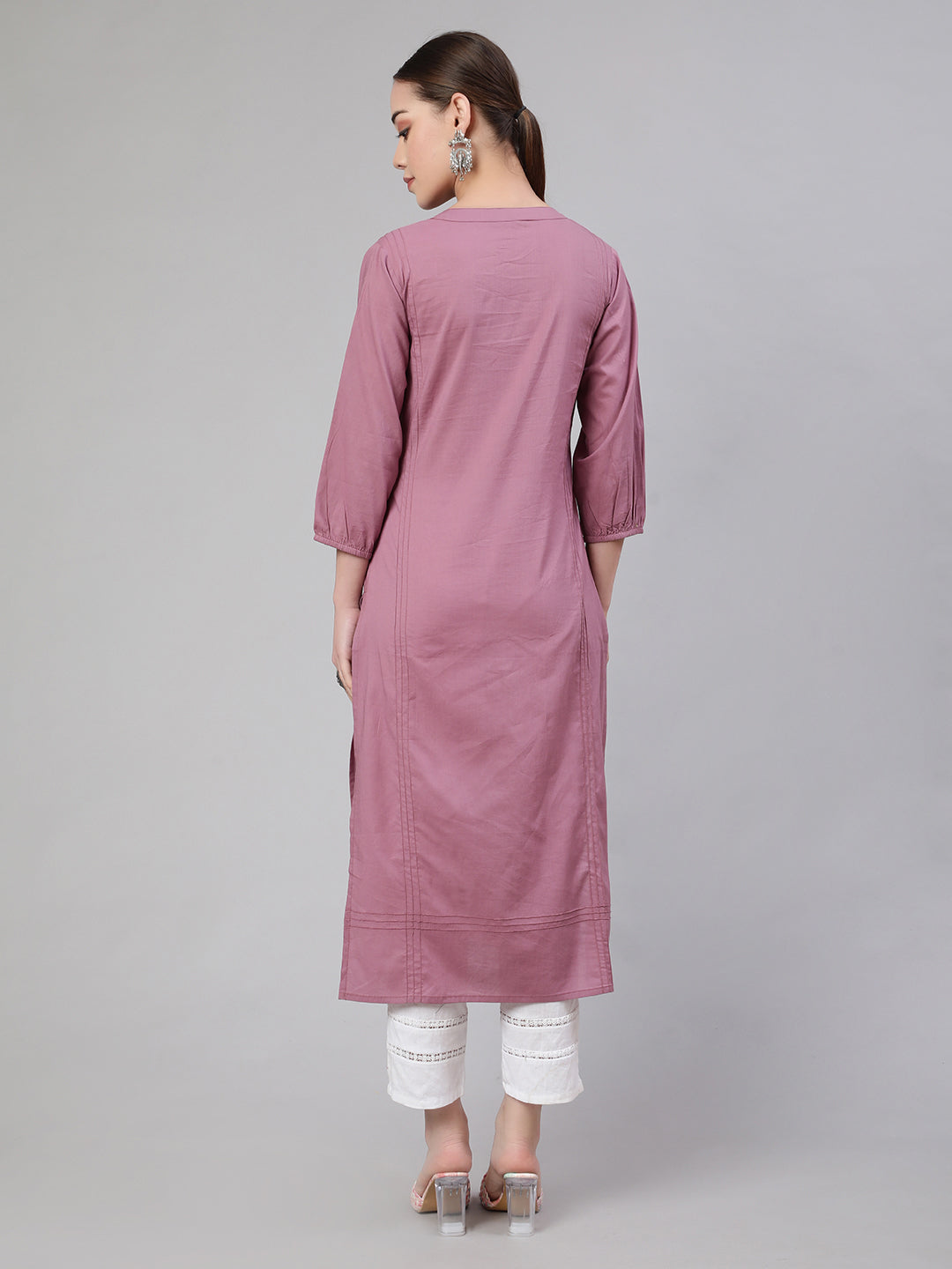 Mauve Straight Kurta With Three Quarter Sleeves