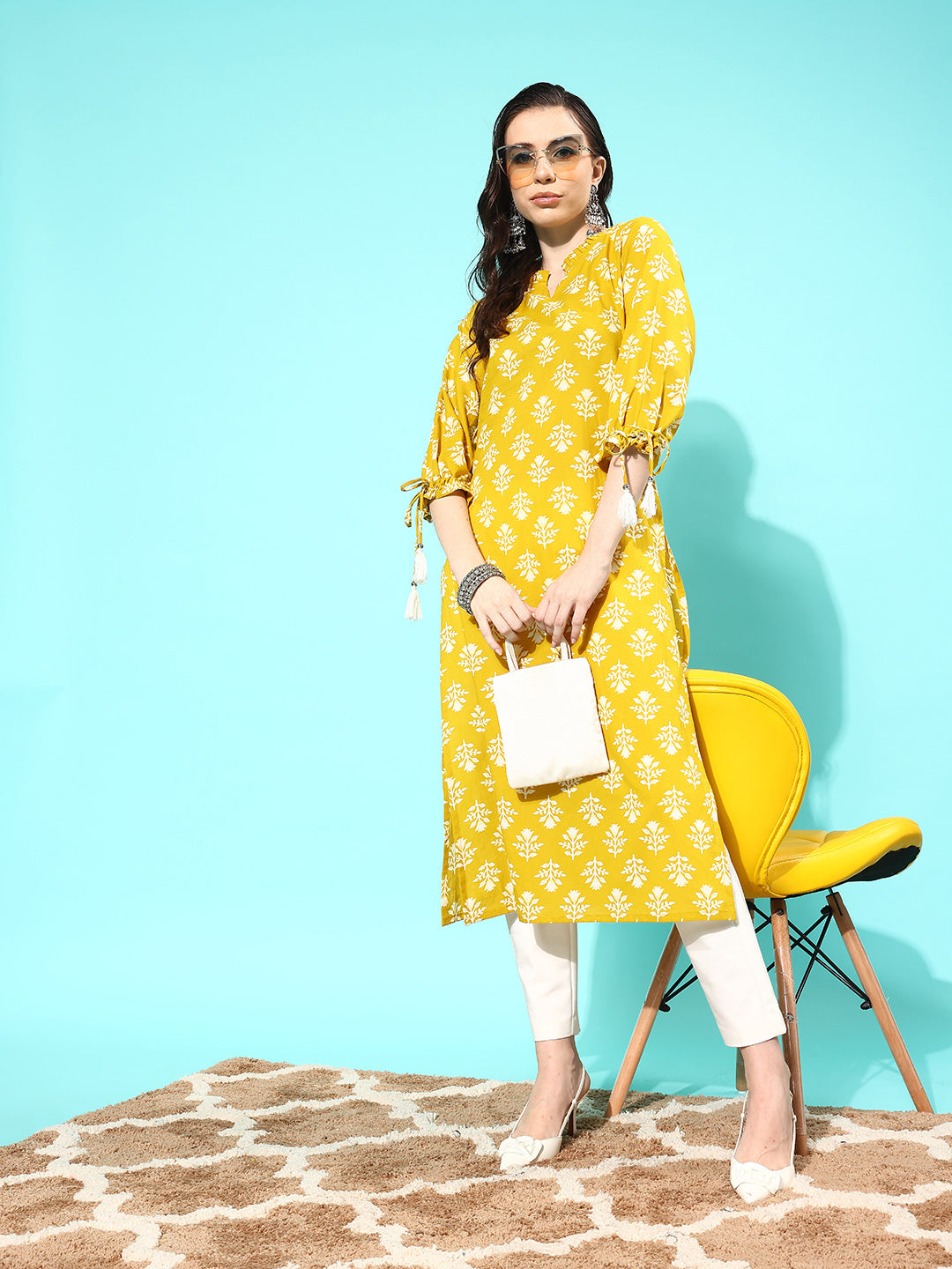 Yellow Straight Kurta With Three Quarter Sleeves