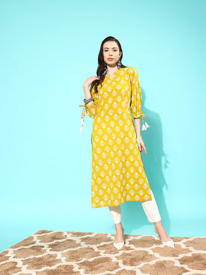 Yellow Straight Kurta With Three Quarter Sleeves