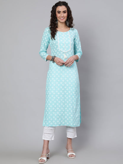 Blue Ethnic Printed Straight Kurta With Three Quarter Sleeves