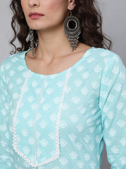 Blue Ethnic Printed Straight Kurta With Three Quarter Sleeves