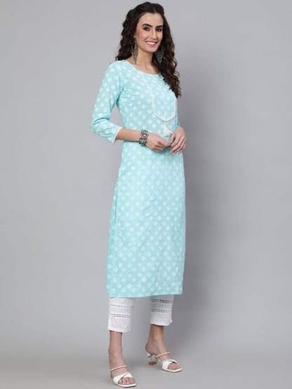 Blue Ethnic Printed Straight Kurta With Three Quarter Sleeves