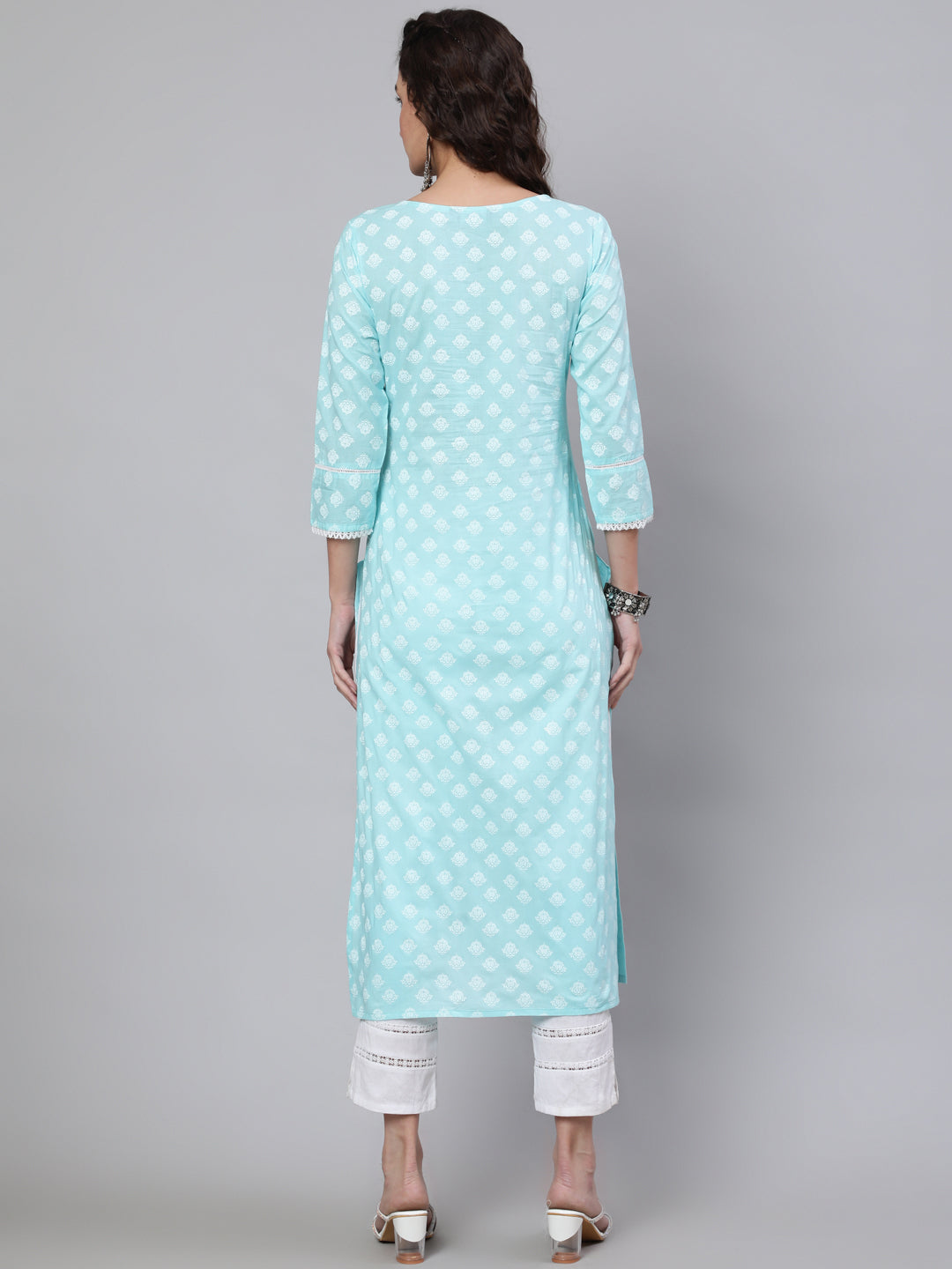 Blue Ethnic Printed Straight Kurta With Three Quarter Sleeves