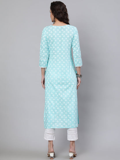 Blue Ethnic Printed Straight Kurta With Three Quarter Sleeves