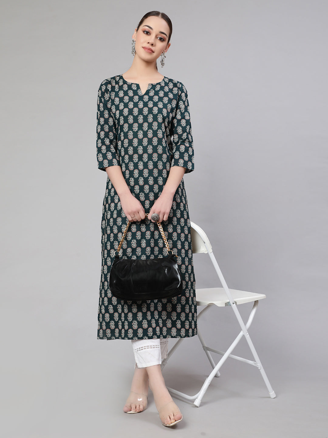 Green Ethnic Printed Straight Kurta With Three Quarter Sleeves