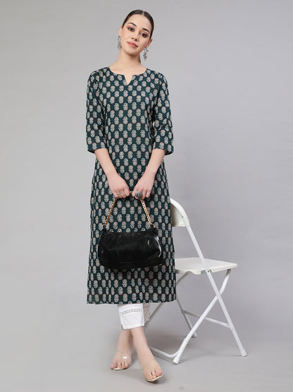 Green Ethnic Printed Straight Kurta With Three Quarter Sleeves
