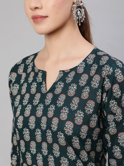 Green Ethnic Printed Straight Kurta With Three Quarter Sleeves