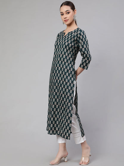 Green Ethnic Printed Straight Kurta With Three Quarter Sleeves