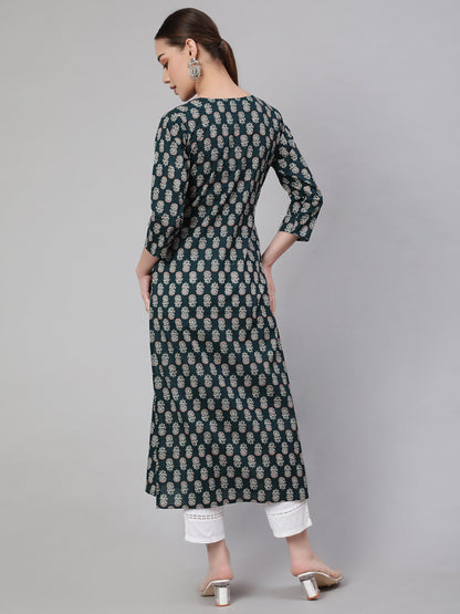 Green Ethnic Printed Straight Kurta With Three Quarter Sleeves
