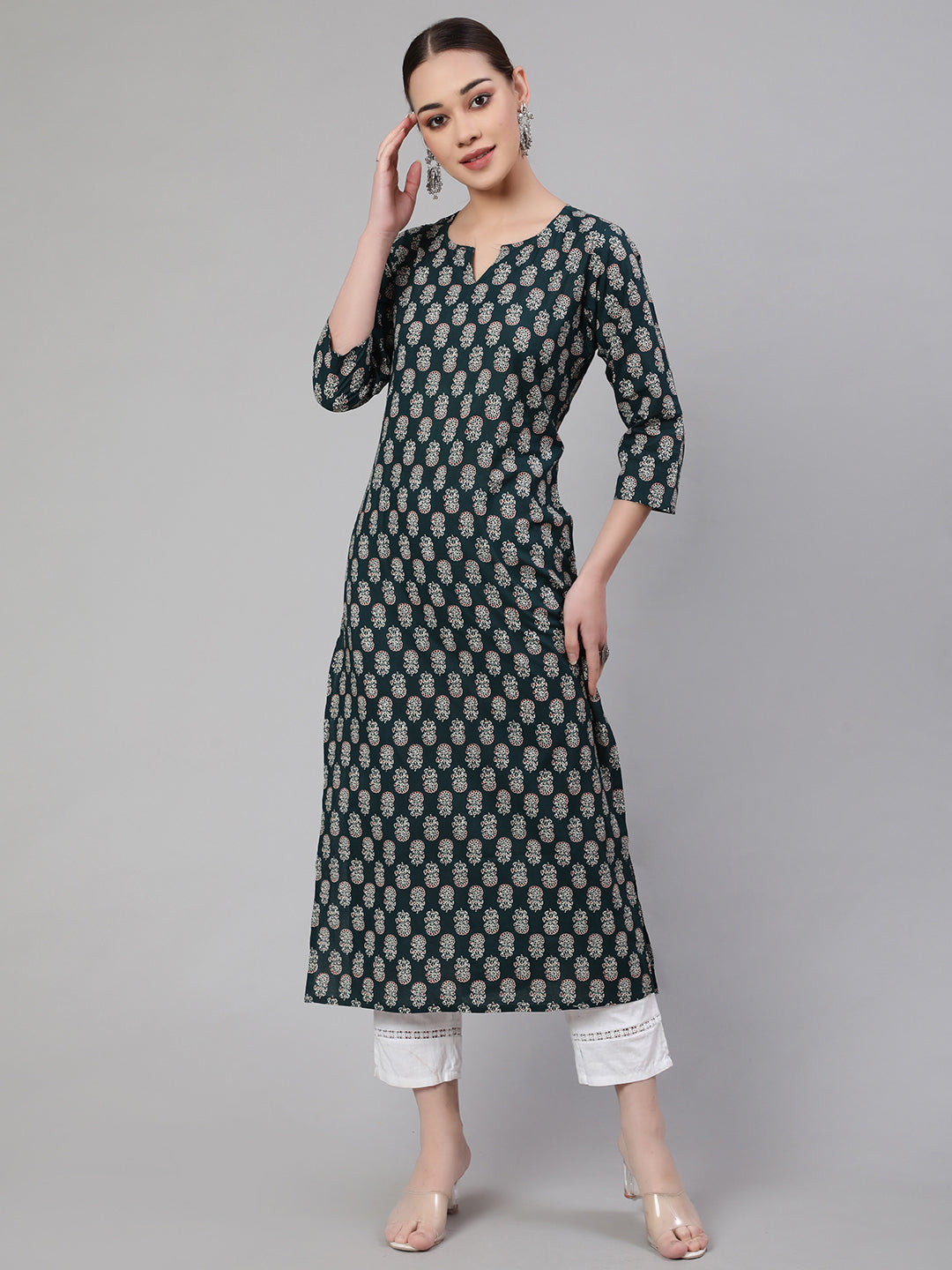 Green Ethnic Printed Straight Kurta With Three Quarter Sleeves