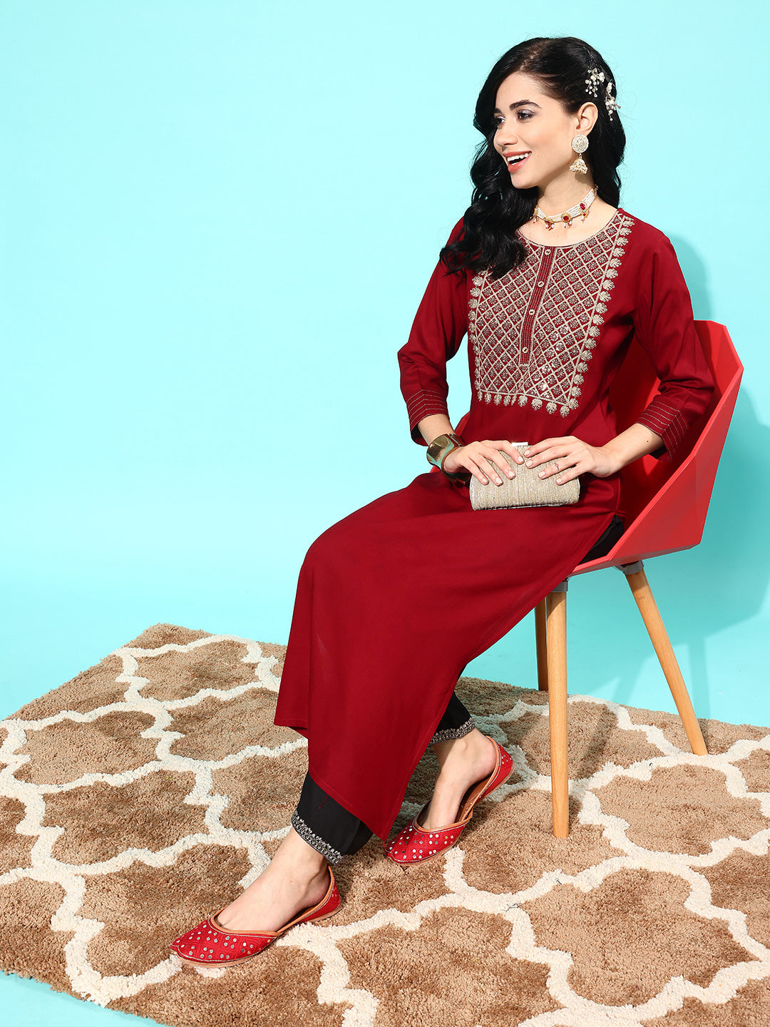 Maroon Embroidered Yoke Design Straight Kurta