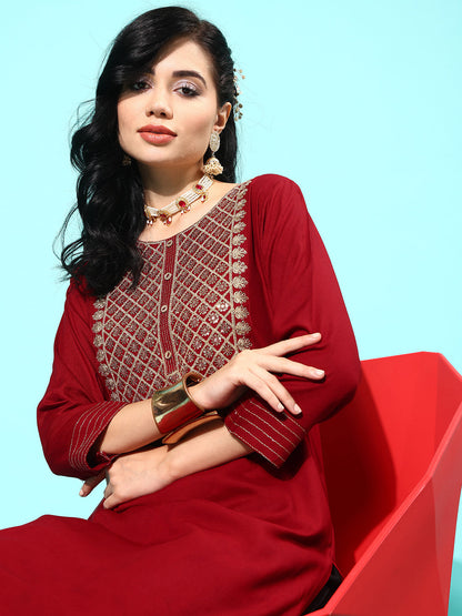 Maroon Embroidered Yoke Design Straight Kurta