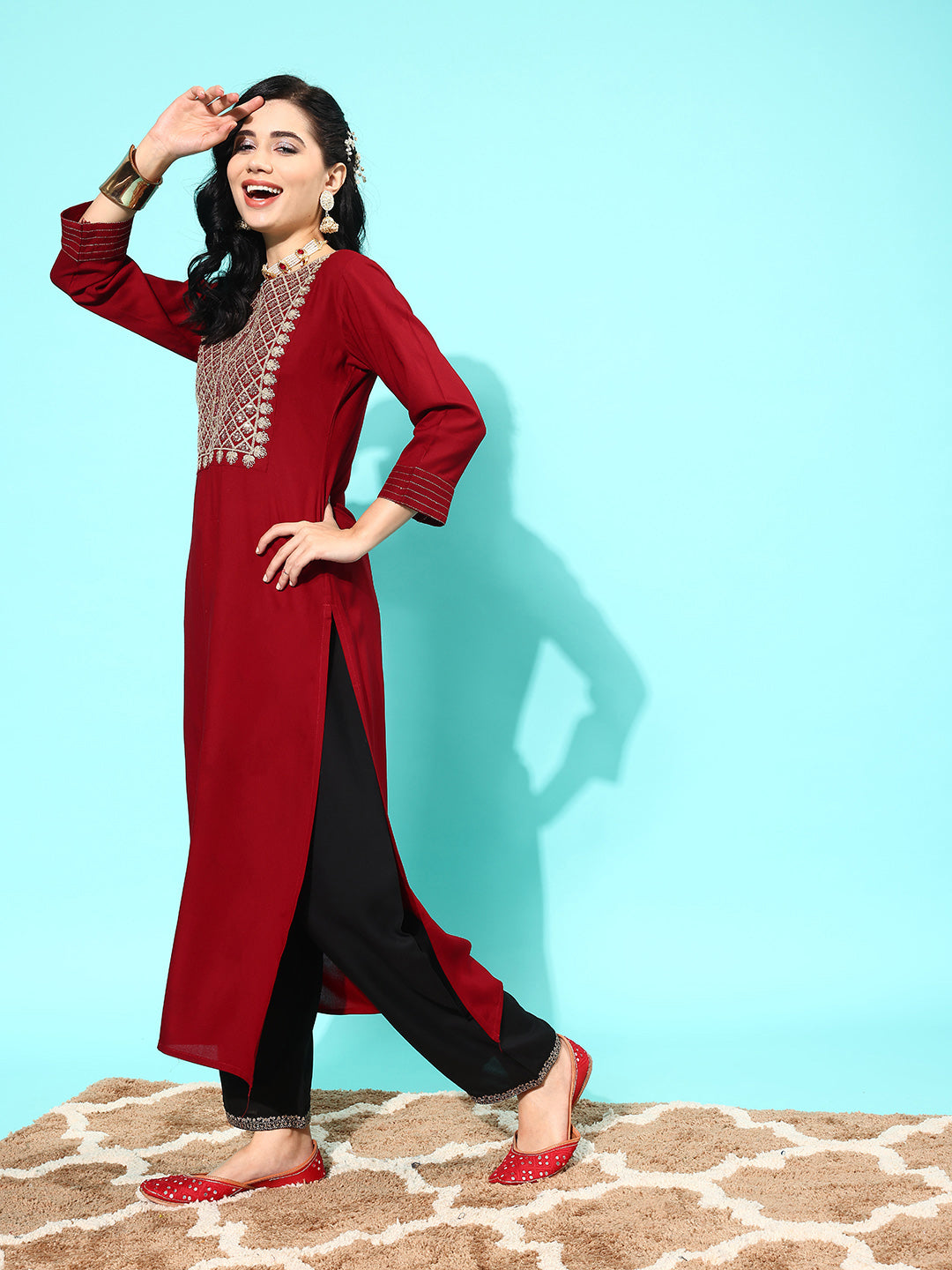 Maroon Embroidered Yoke Design Straight Kurta