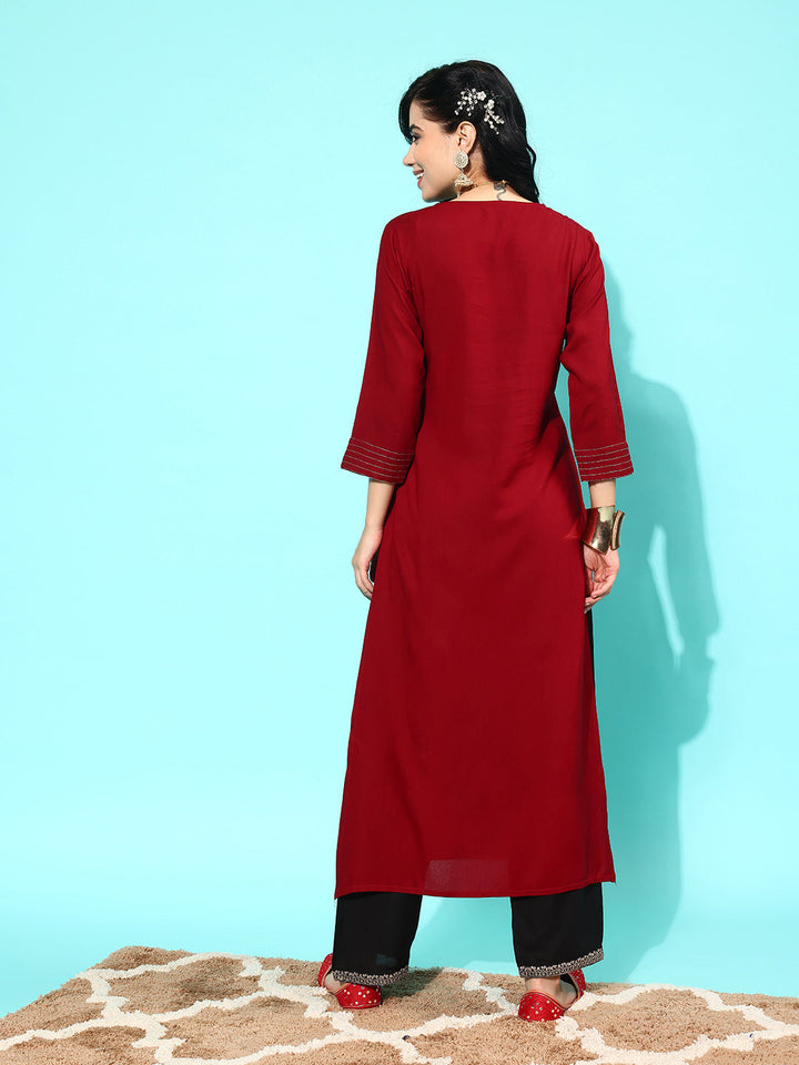 Maroon Embroidered Yoke Design Straight Kurta