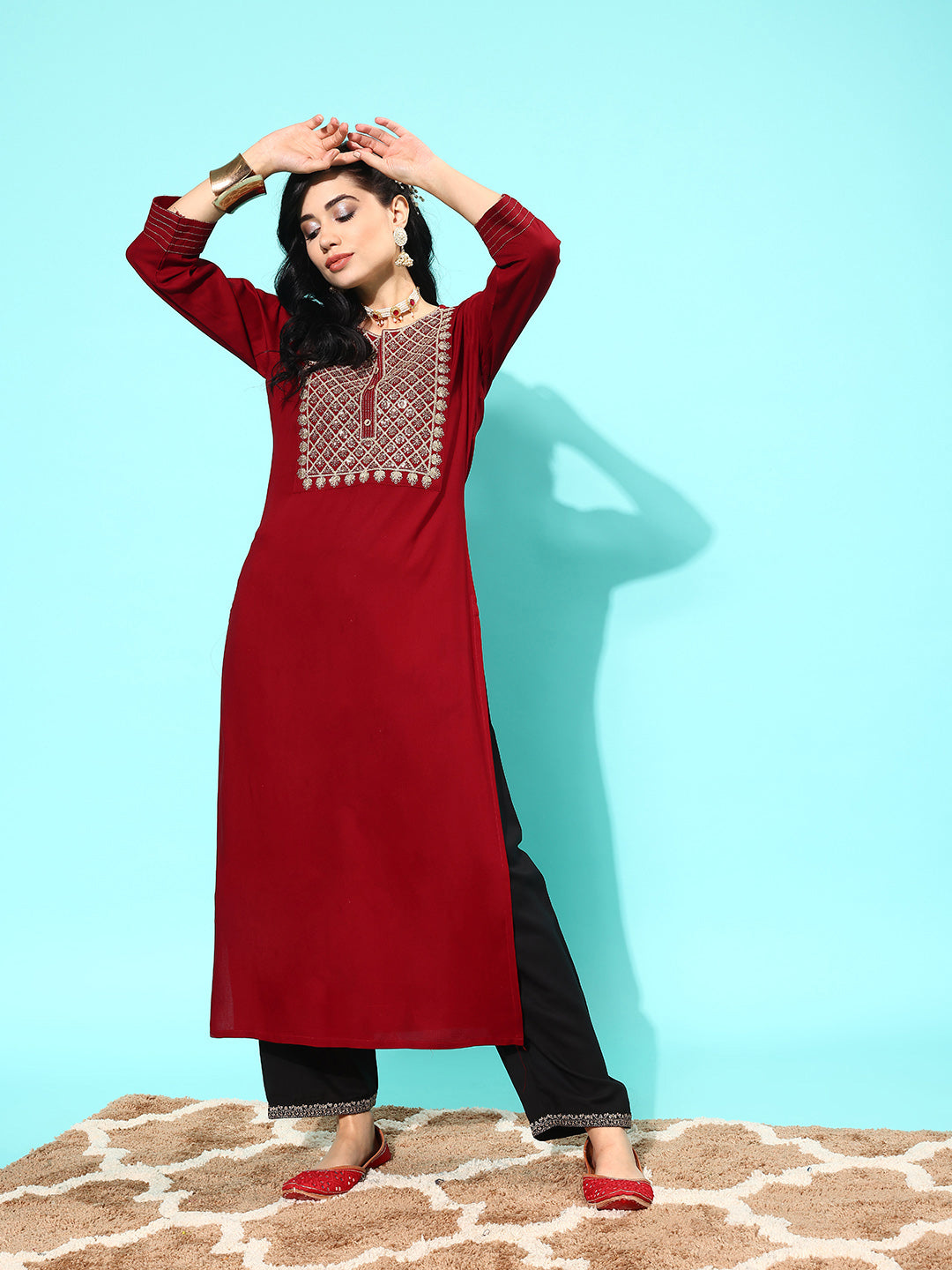Maroon Embroidered Yoke Design Straight Kurta