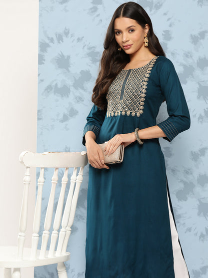 Teal Blue Embroidered Yoke Design Straight Kurta