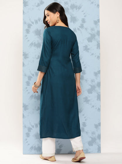 Teal Blue Embroidered Yoke Design Straight Kurta