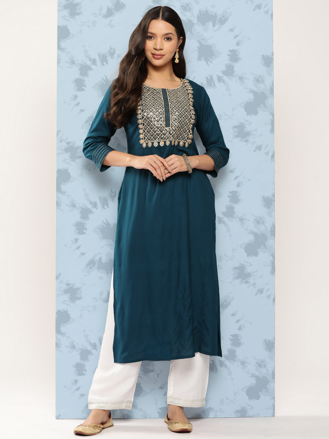 Teal Blue Embroidered Yoke Design Straight Kurta
