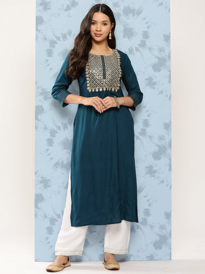 Teal Blue Embroidered Yoke Design Straight Kurta