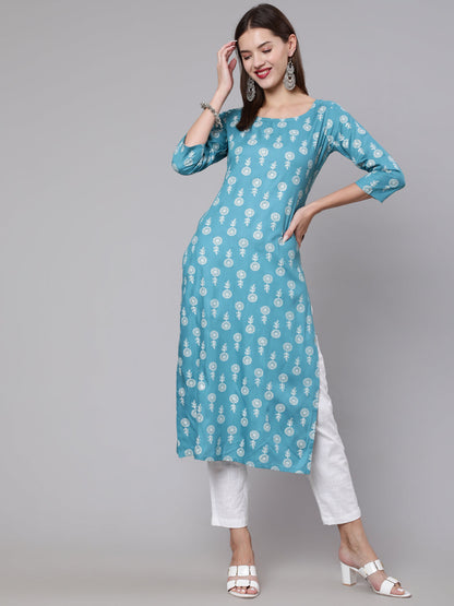 Blue Ethnic Printed Straight Kurta With Three Quarter Sleeves