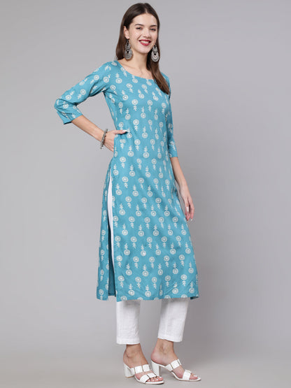 Blue Ethnic Printed Straight Kurta With Three Quarter Sleeves