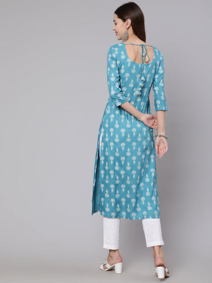 Blue Ethnic Printed Straight Kurta With Three Quarter Sleeves