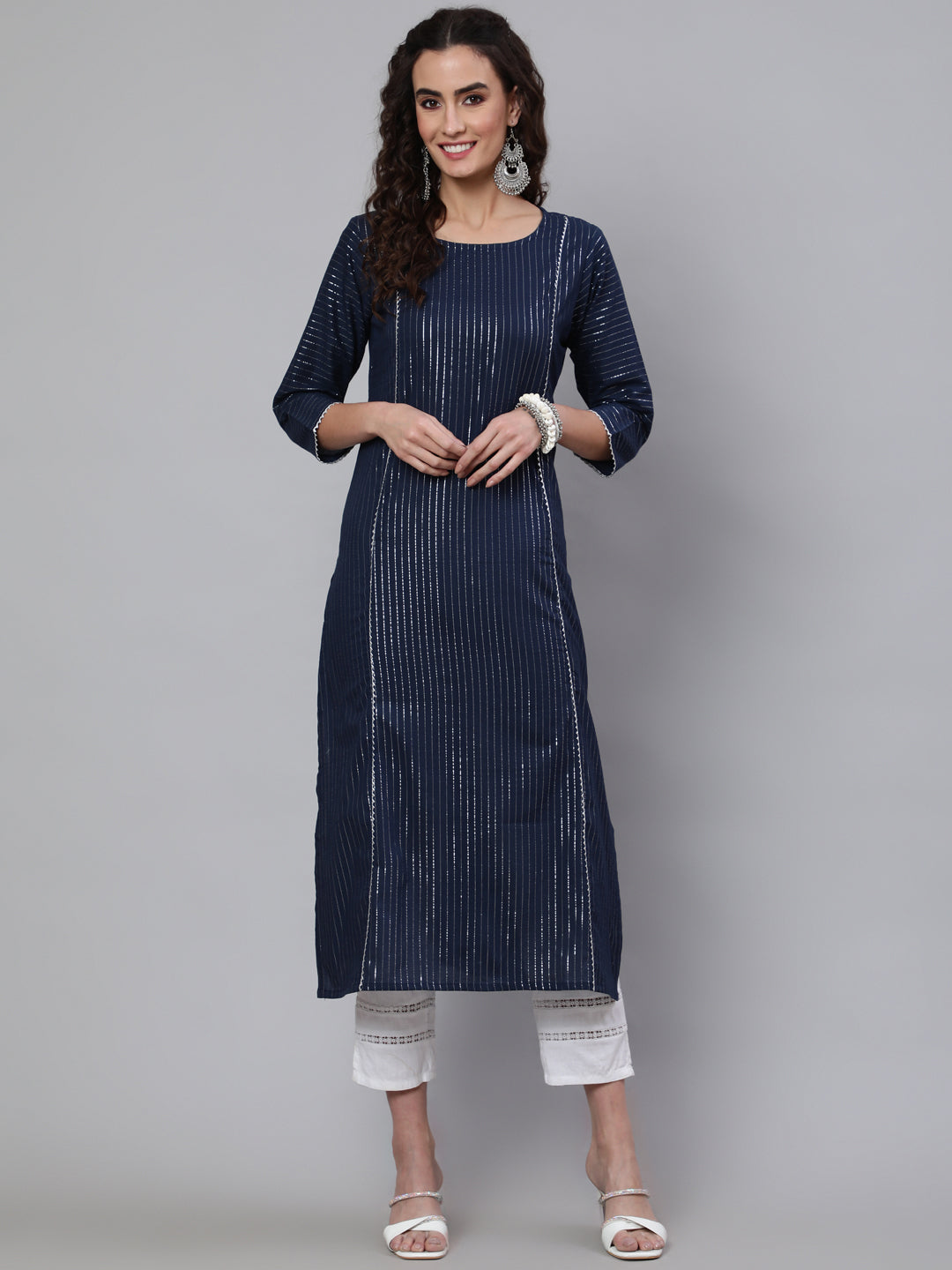 Navy Blue Striped Lurex Straight Kurta With Three Quarter Sleeves