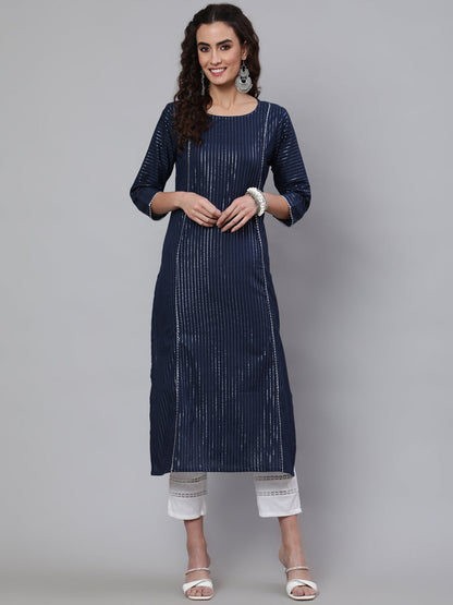 Navy Blue Striped Lurex Straight Kurta With Three Quarter Sleeves