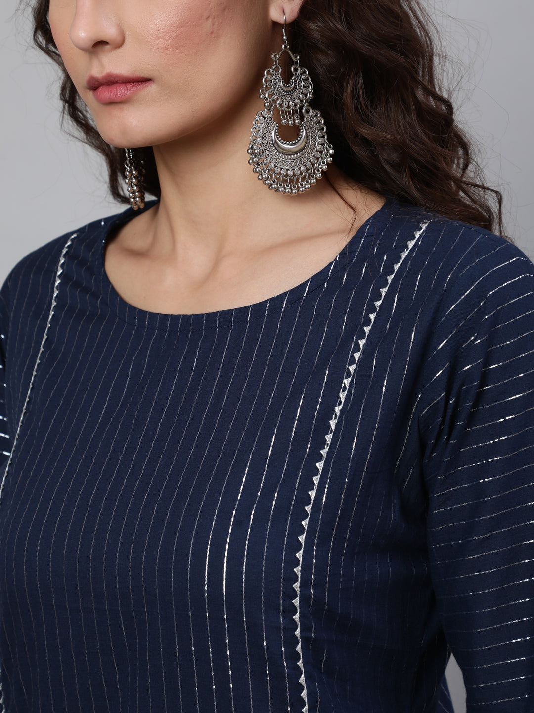 Navy Blue Striped Lurex Straight Kurta With Three Quarter Sleeves