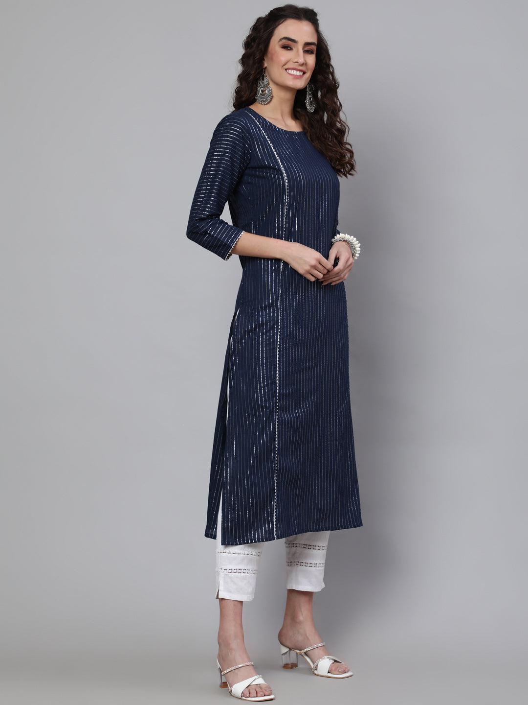 Navy Blue Striped Lurex Straight Kurta With Three Quarter Sleeves