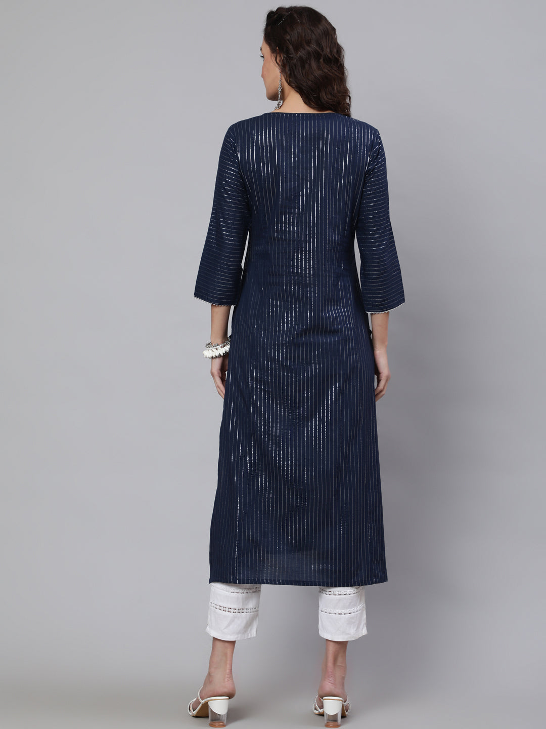 Navy Blue Striped Lurex Straight Kurta With Three Quarter Sleeves
