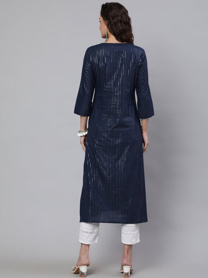 Navy Blue Striped Lurex Straight Kurta With Three Quarter Sleeves