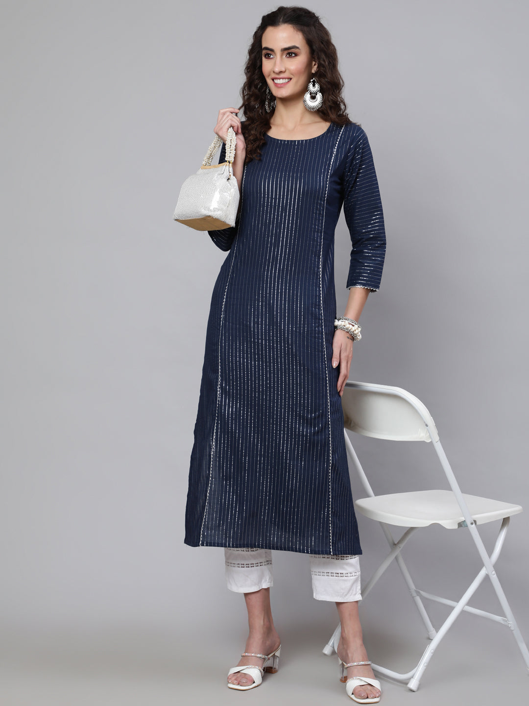Navy Blue Striped Lurex Straight Kurta With Three Quarter Sleeves