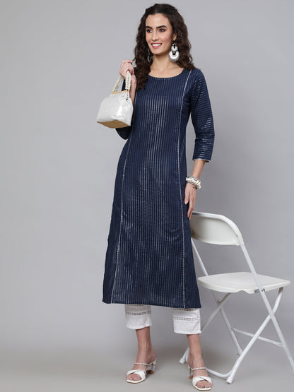 Navy Blue Striped Lurex Straight Kurta With Three Quarter Sleeves