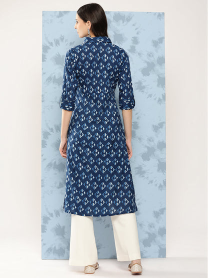 Blue Geometric Printed Straight Kurta With Three Quarter Sleeves