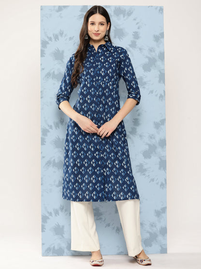 Blue Geometric Printed Straight Kurta With Three Quarter Sleeves
