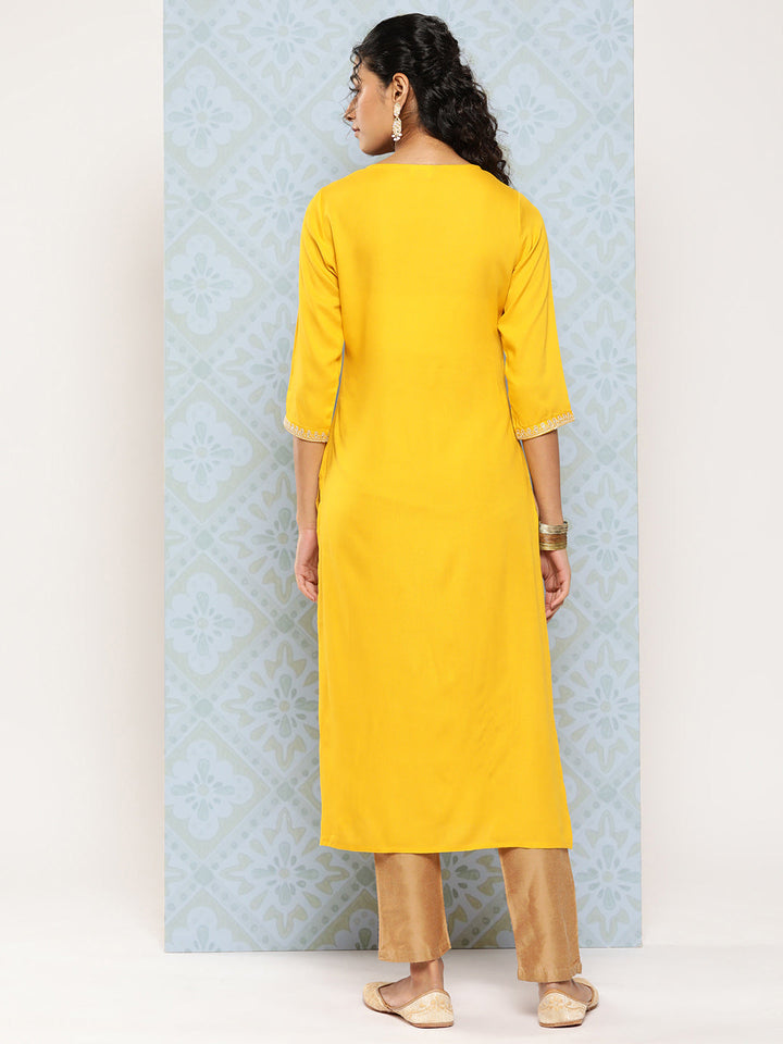 Yellow Embroidered Straight Kurta With Three Quarter Sleeves