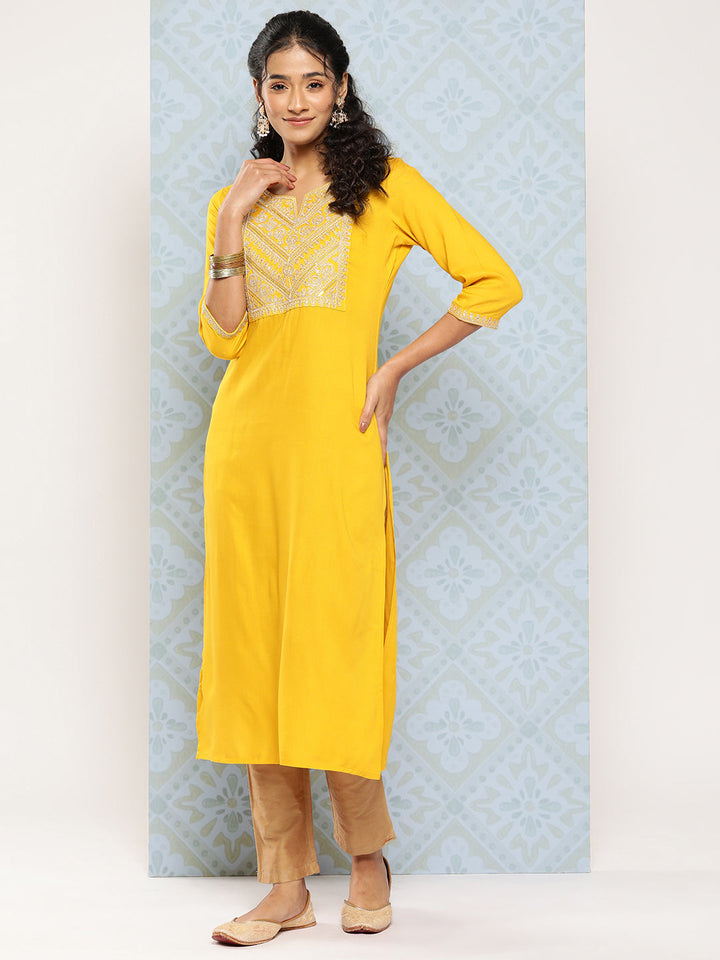 Yellow Embroidered Straight Kurta With Three Quarter Sleeves