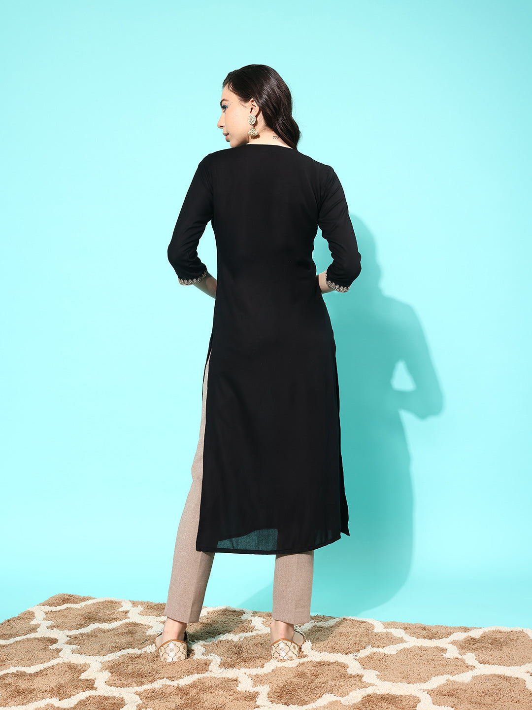 Black Embroidered Yoke Design Straight Kurta