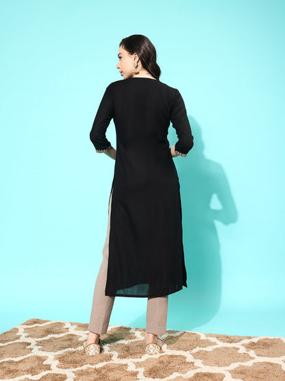 Black Embroidered Yoke Design Straight Kurta