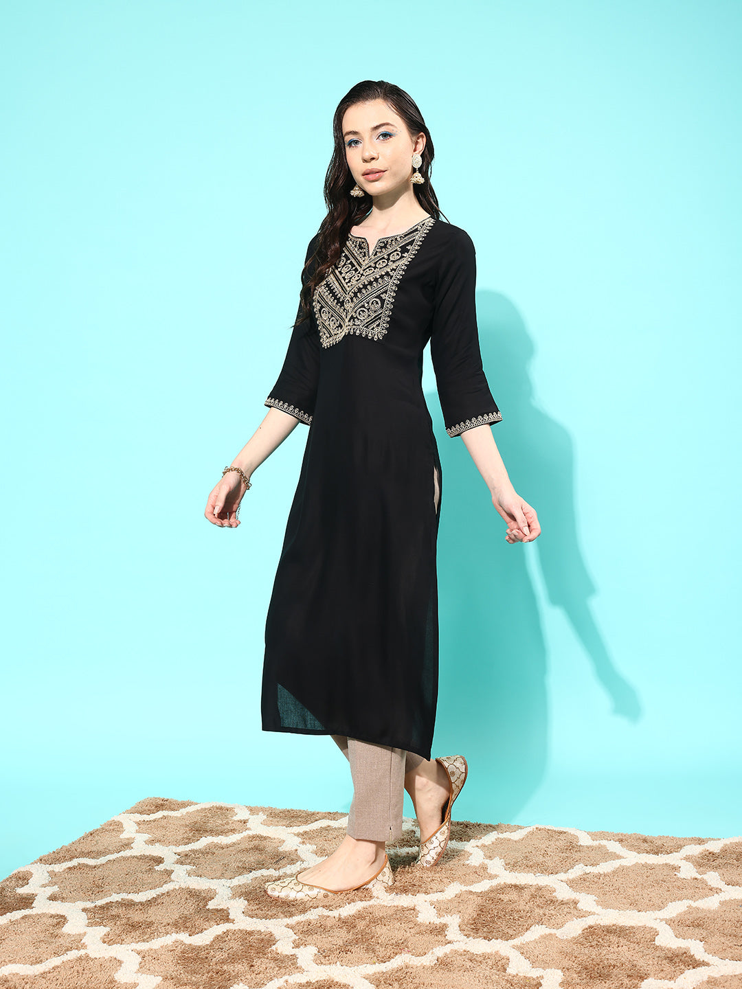 Black Embroidered Yoke Design Straight Kurta
