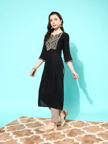Black Embroidered Yoke Design Straight Kurta