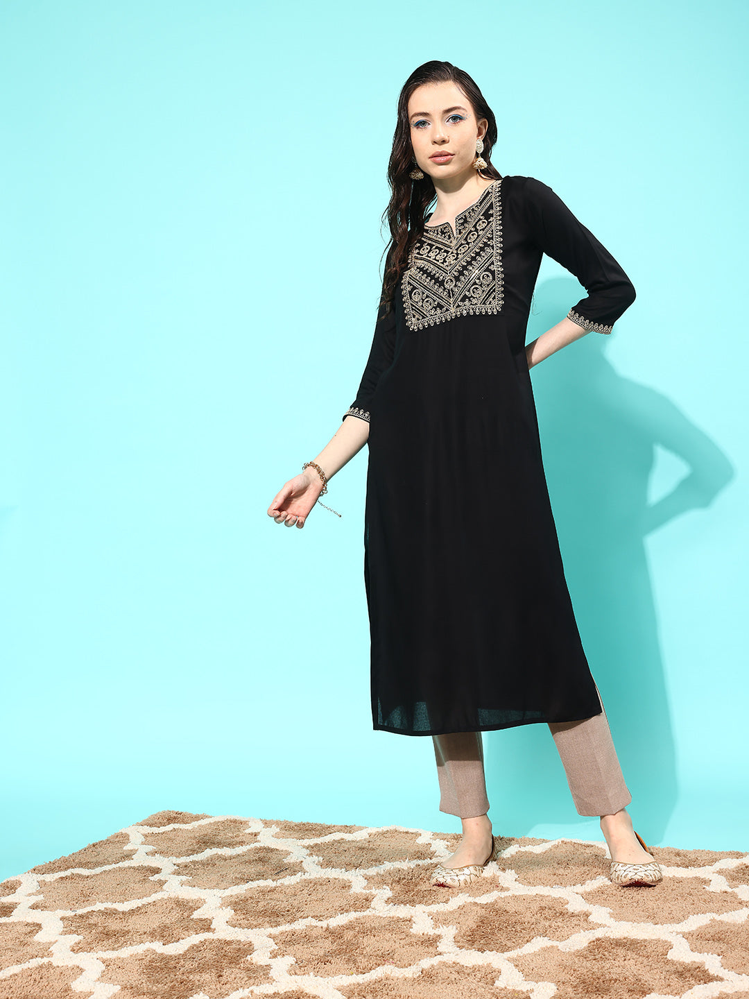 Black Embroidered Yoke Design Straight Kurta