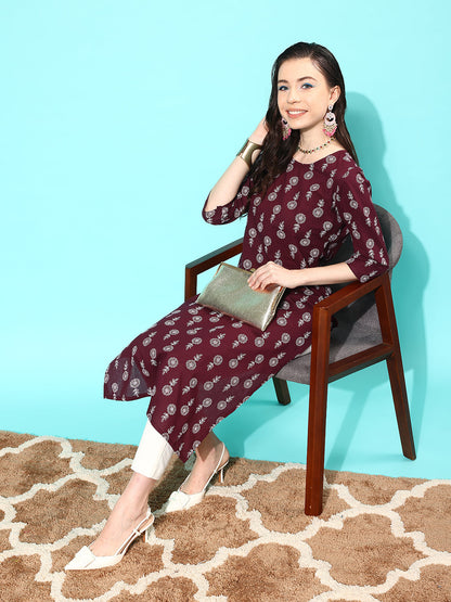 Burgundy Ethnic Printed Straight Kurta With Three Quarter Sleeves