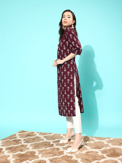 Burgundy Ethnic Printed Straight Kurta With Three Quarter Sleeves